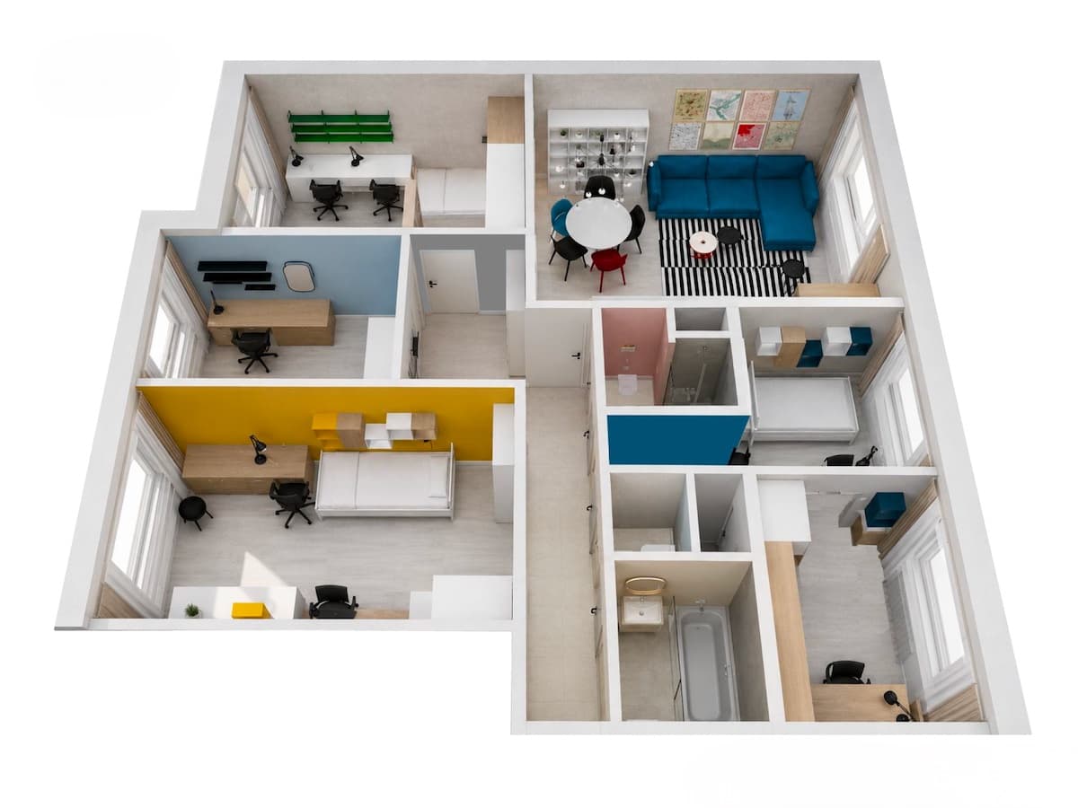 3D půdorys studentského bytu bedcare 4+1 na Lazecké