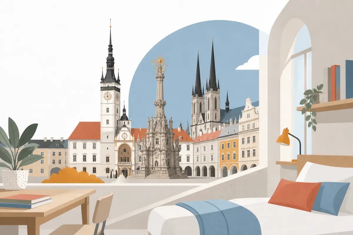 Ilustrace klidného studentského pokoje a historického centra Olomouce v barvách bedcare