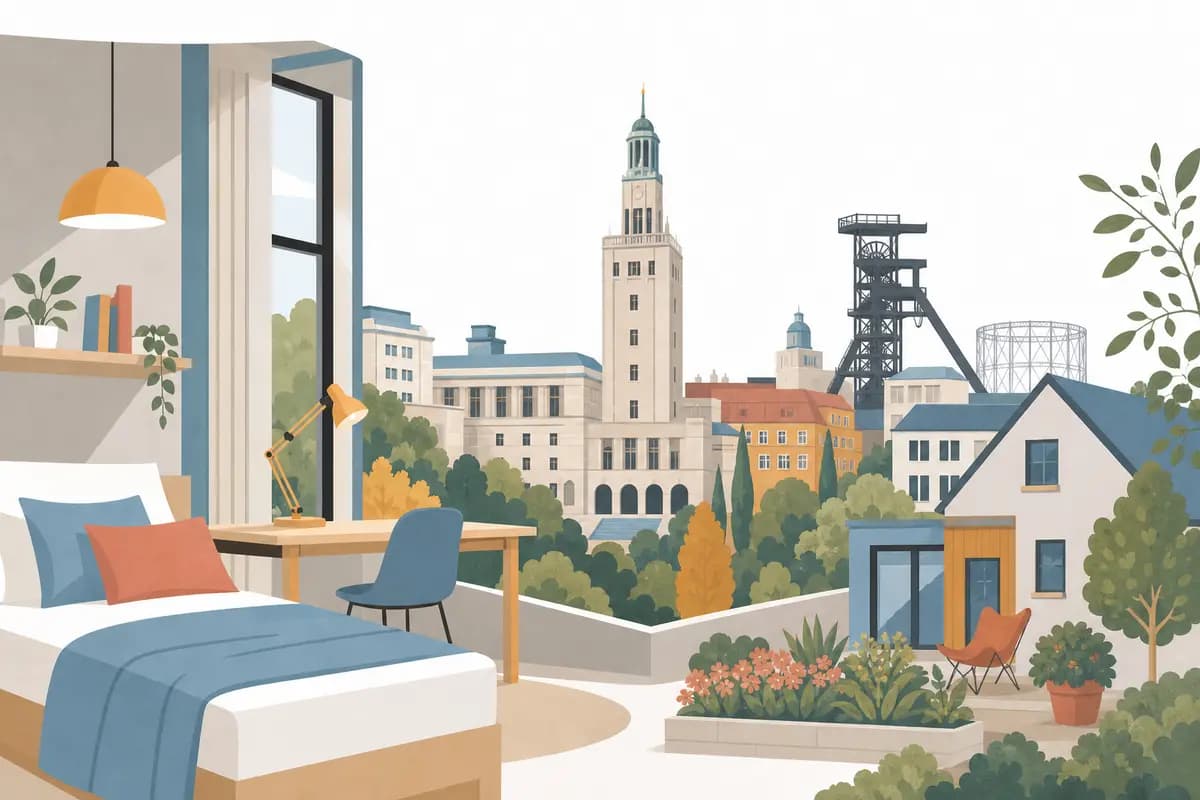 Ilustrace studentského pokoje, domu se zahradou a ostravské městské architektury v barvách bedcare